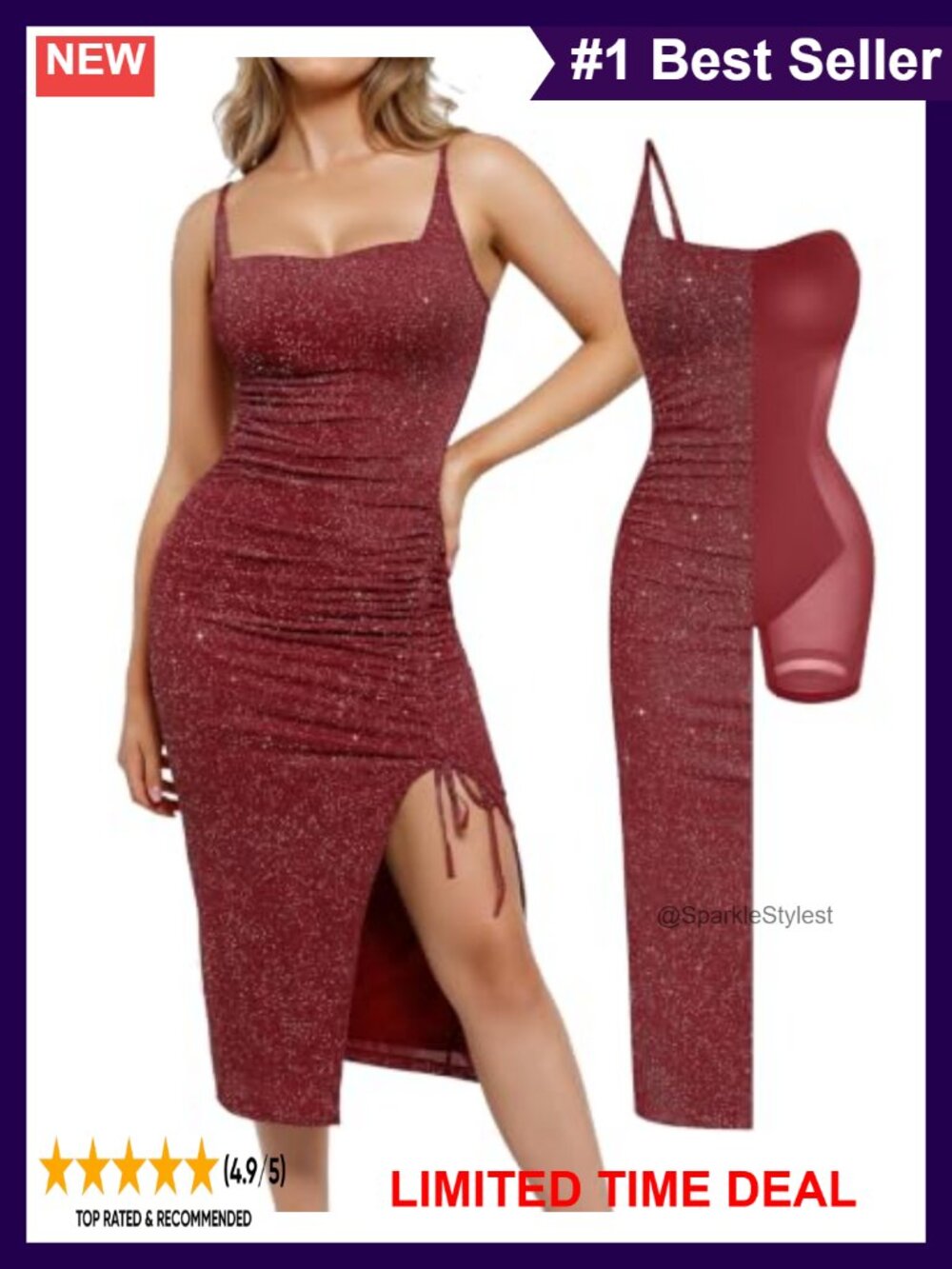 Sparkly Cocktail Shapewear Dress Built-in Bra Square Neck Midi